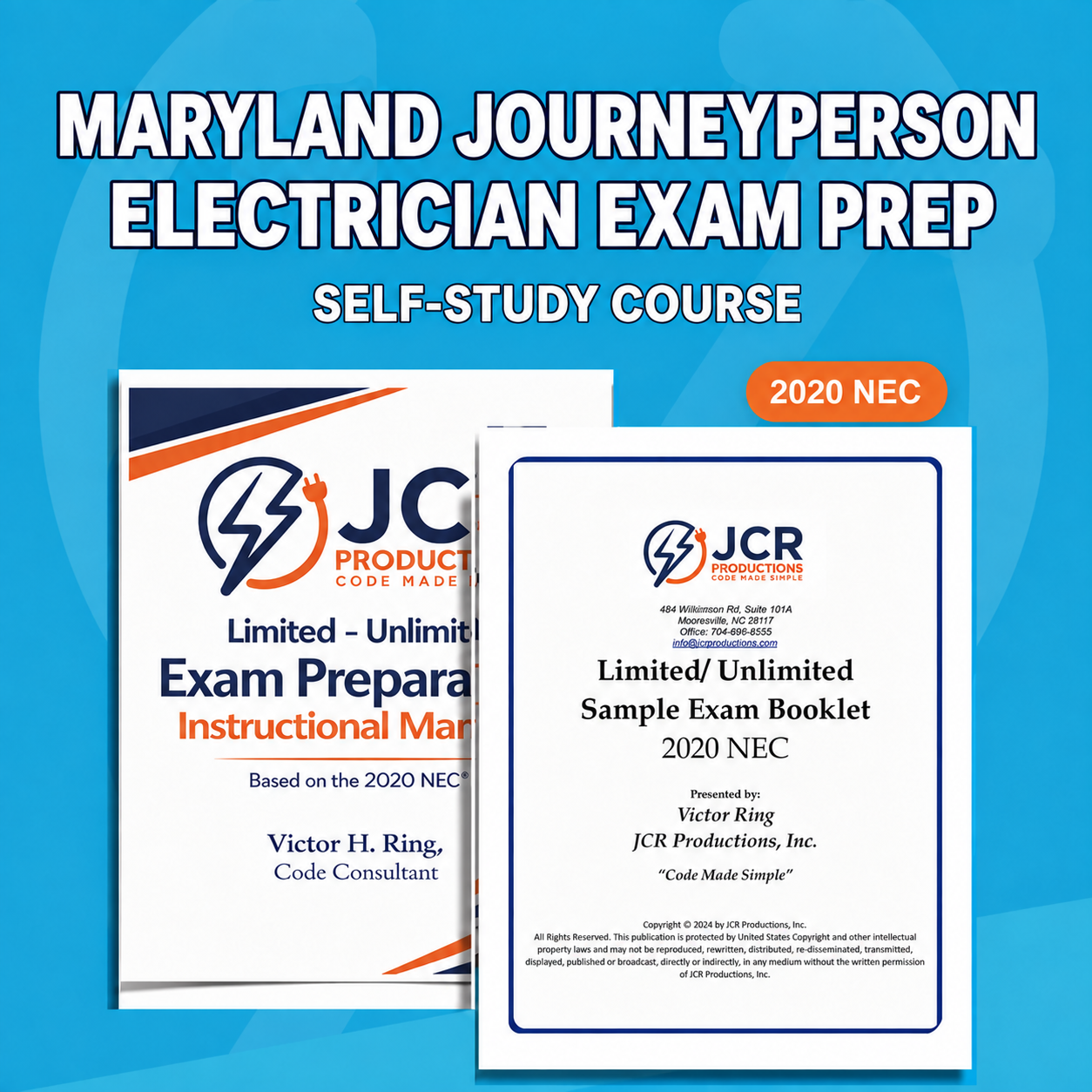 Maryland Journeyperson Electrician exam-prep self-study course with JCR printed manual and sample exam booklet, 2020 NEC